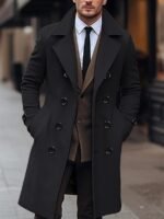 Fall Winter Men Woolen Coat Double Breasted Long - Image 8