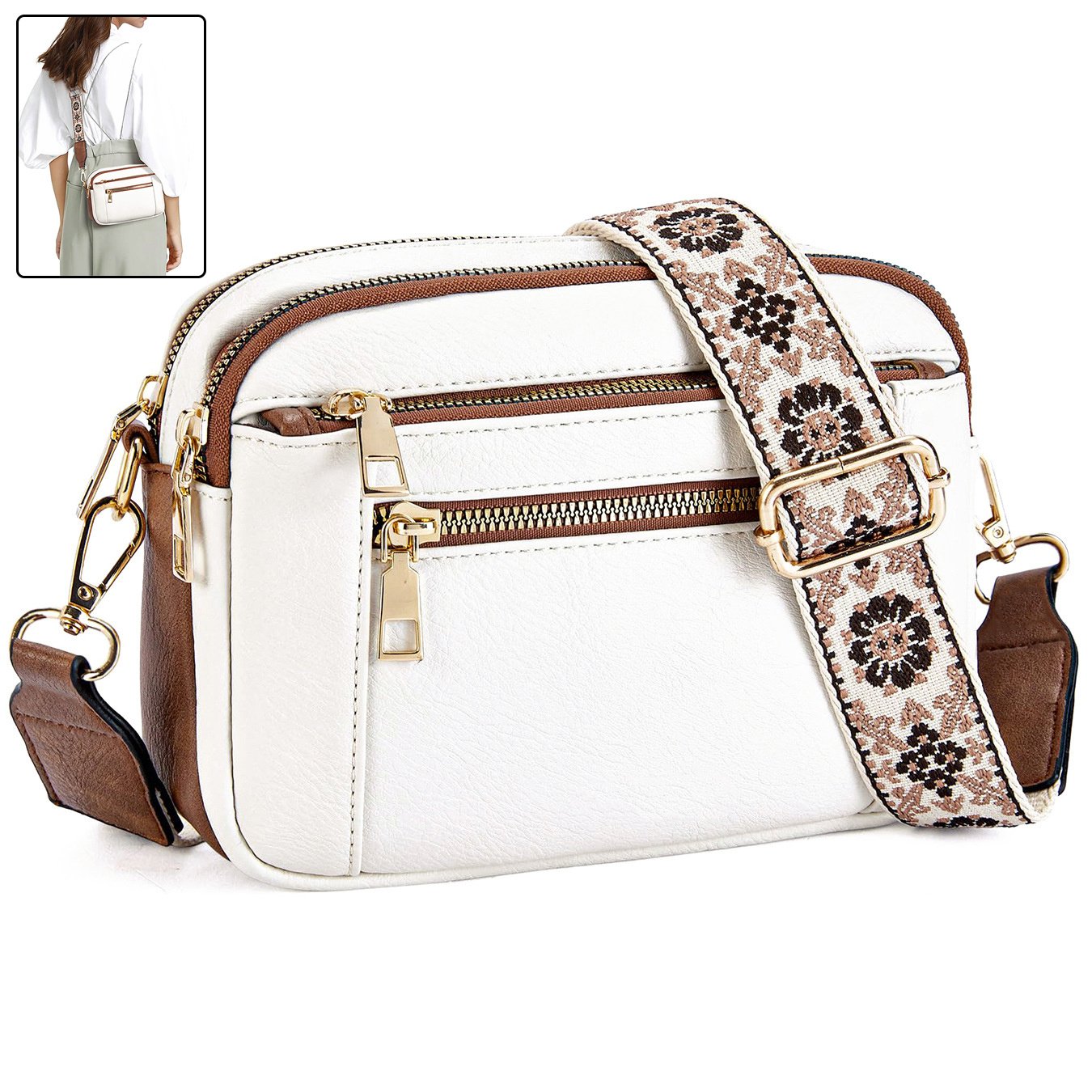 3e75c08d-9c15-4cca-b302-b12668b8b052.jpg Triple-zipper Shoulder Bag With Floral Embroidered Straps Fashion Colorblock Multi-functional Crossbody Bags For Women - Image 1