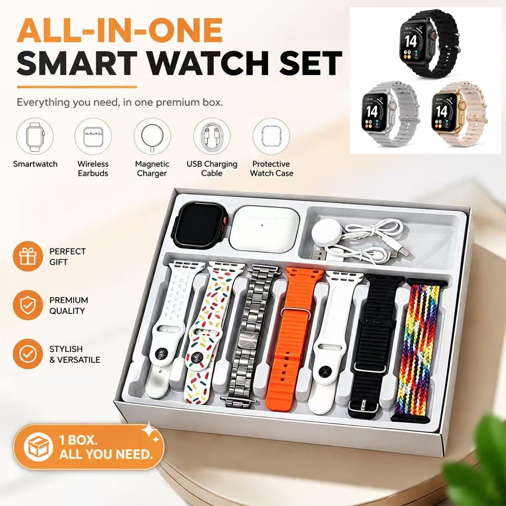 4b496ded-7be2-4a43-bbbf-da81f61de409.jpg Ten-in-One Smart Watch Set With Wireless Earbuds, Multiple Watch Bands, Magnetic Charger & Protective Case, All-in-One Fitness Smartwatch Gift Box For Men Women - Image 1