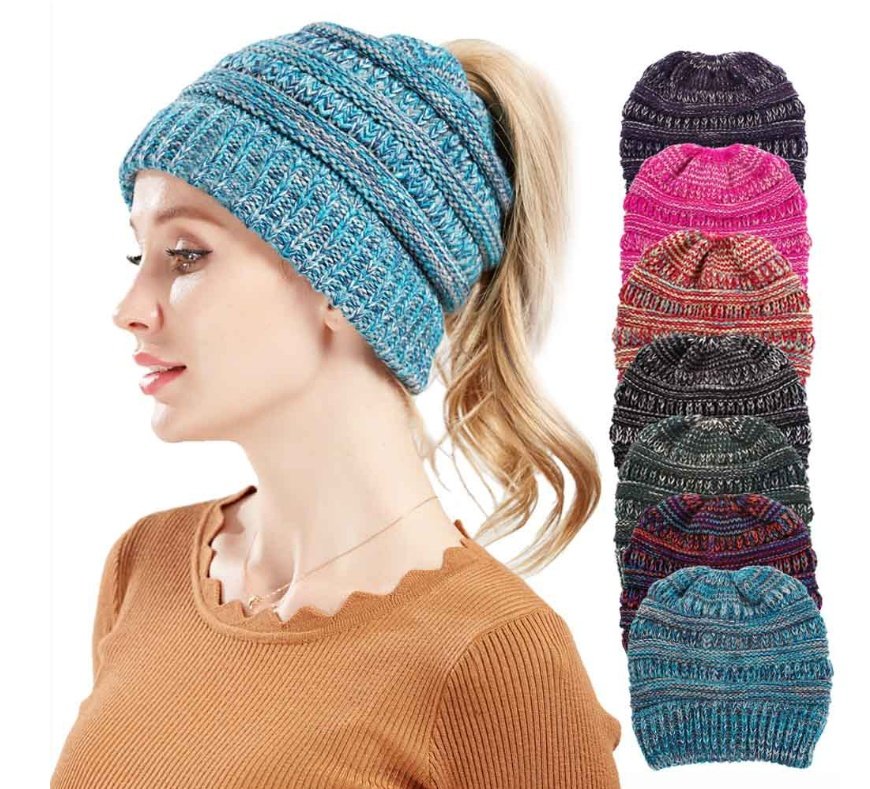 5322899407644.jpg Mixed Color Knitted Wool Hat Ladies Non-labeled Ponytail Hat - Image 1