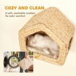 Wall Mounted Cat House, Cat Wall Furniture, Cat Wall Shelf with Washable Cushion, Natural - Image 4