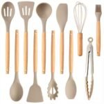 Non-Stick Silicon 12 Pcs Heat Resistant Wooden Handle Kitchen Cooking Utensils Set, Khaki Color - Image 5