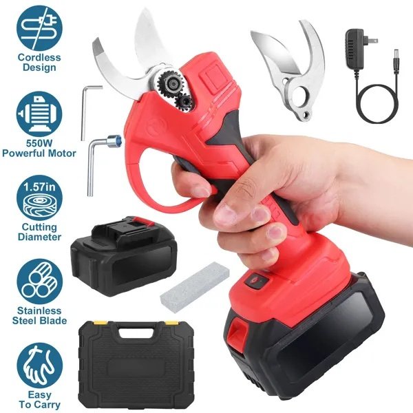 1238d4f9442f4a62a44c4cec73f81d72.jpg 21V Electric Pruning Shears Cordless Tree Pruner Branch Cutter Gardening Scissors With 2 Pack Rechargeable Battery & Replacement Blade Set Red - Image 1