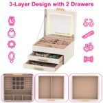 1 Set Jewelry Box With LED Mirror 3 Layer Jewelry Organizer With 2 Drawers PU Jewelry Holder With 3 Mirror Light Colors Dimmable For Earrings Rings Bracelets Necklaces - Image 8