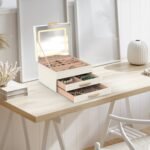 1 Set Jewelry Box With LED Mirror 3 Layer Jewelry Organizer With 2 Drawers PU Jewelry Holder With 3 Mirror Light Colors Dimmable For Earrings Rings Bracelets Necklaces - Image 2