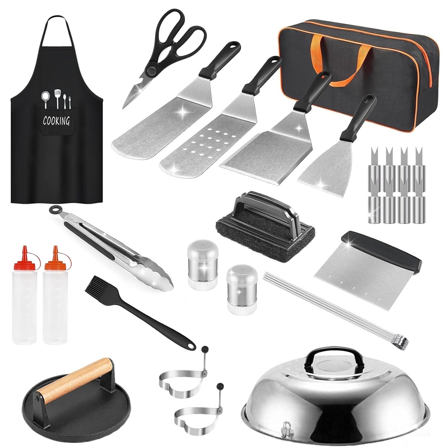 1955199208294453248.jpg 31Pcs Griddle Accessories Kit Flat Top Grill Accessories For Camp Chef With Spatulas Griddle Press Basting Cover Spice Shakers Vegetable Forks Steel Sticks Egg Rings Storage Bag - Image 1