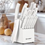 15 Pieces Of White Carbon Steel Blade Kitchen Knife Set, Equipped With A Genuine Wooden Frame, Internal Sharpener, And Kitchen Scissors - Image 3