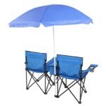 Double Folding Picnic Chairs w/Umbrella Mini Table Beverage Holder Carrying Bag for Beach Patio Pool Park Outdoor Portable Camping Chair (Blue) - Image 6