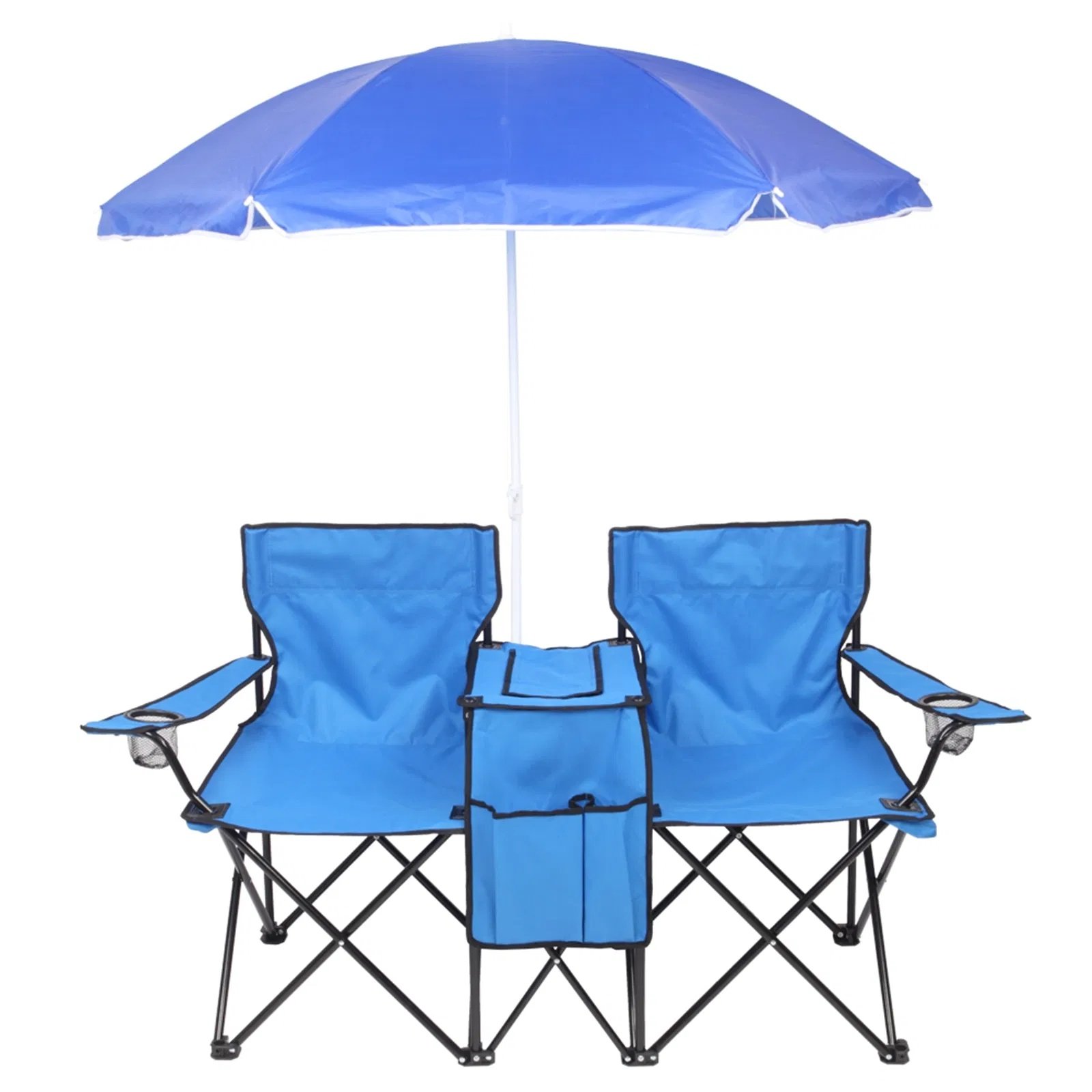 288747181632499fb84c9f1b554f03dc.jpg Double Folding Picnic Chairs w/Umbrella Mini Table Beverage Holder Carrying Bag for Beach Patio Pool Park Outdoor Portable Camping Chair (Blue) - Image 1