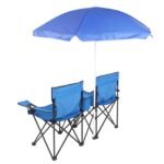 Double Folding Picnic Chairs w/Umbrella Mini Table Beverage Holder Carrying Bag for Beach Patio Pool Park Outdoor Portable Camping Chair (Blue) - Image 10