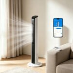 42 Inch Smart Tower Fan, 110V 65W All-Copper Motor Bladeless Standing Fan, Remote WiFi APP Control, Digital Display, 3 Speeds 3 Modes, 12H Timer, Space Saving Tower Fan For Bedroom Living Room, No Wat