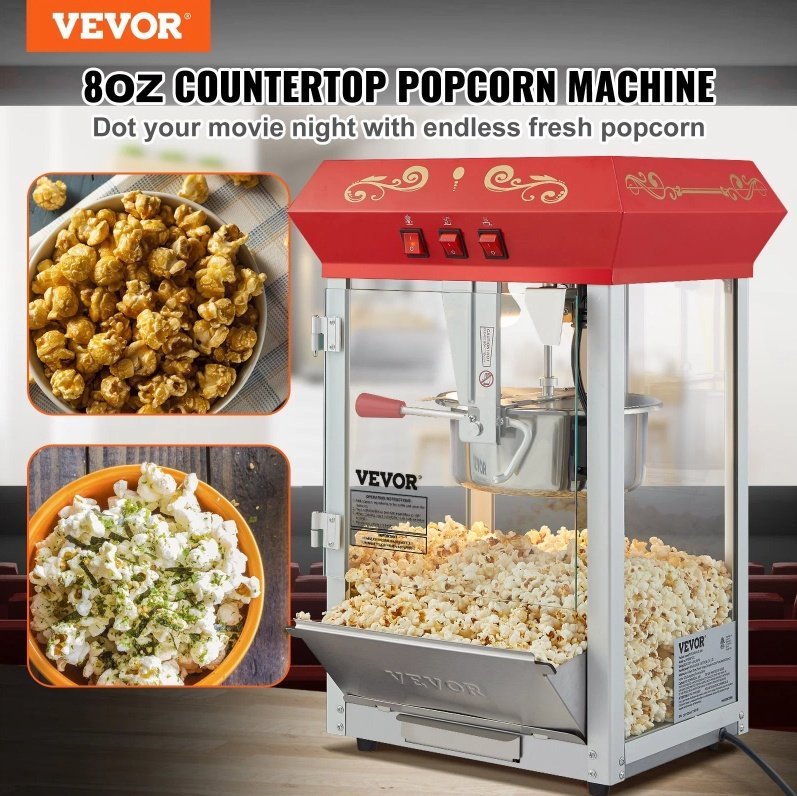 73ff23eb-2b9d-4cc4-822d-c53ab3e1d4e0.jpg Popcorn Popper Machine 8 Oz Countertop Popcorn Maker 850W 48 Cups Red - Image 1