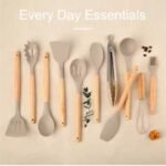 Non-Stick Silicon 12 Pcs Heat Resistant Wooden Handle Kitchen Cooking Utensils Set, Khaki Color - Image 3