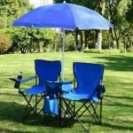 Double Folding Picnic Chairs w/Umbrella Mini Table Beverage Holder Carrying Bag for Beach Patio Pool Park Outdoor Portable Camping Chair (Blue) - Image 8