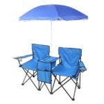 Double Folding Picnic Chairs w/Umbrella Mini Table Beverage Holder Carrying Bag for Beach Patio Pool Park Outdoor Portable Camping Chair (Blue) - Image 5