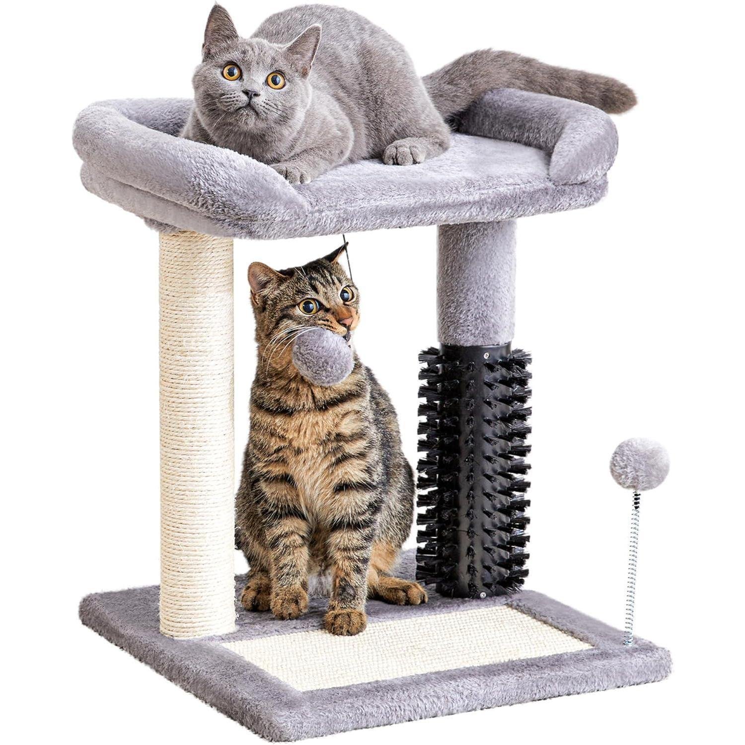 b46750d2-5325-45b6-9f7d-3d82083bdf2d.jpg Small 4-in-1 Cat Tree Tower With Self-grooming Brush And Natural Sisal Scratching Post, Soft Plush Cat Bed And Hanging Ball, Suitable For Indoor Kittens - Image 1