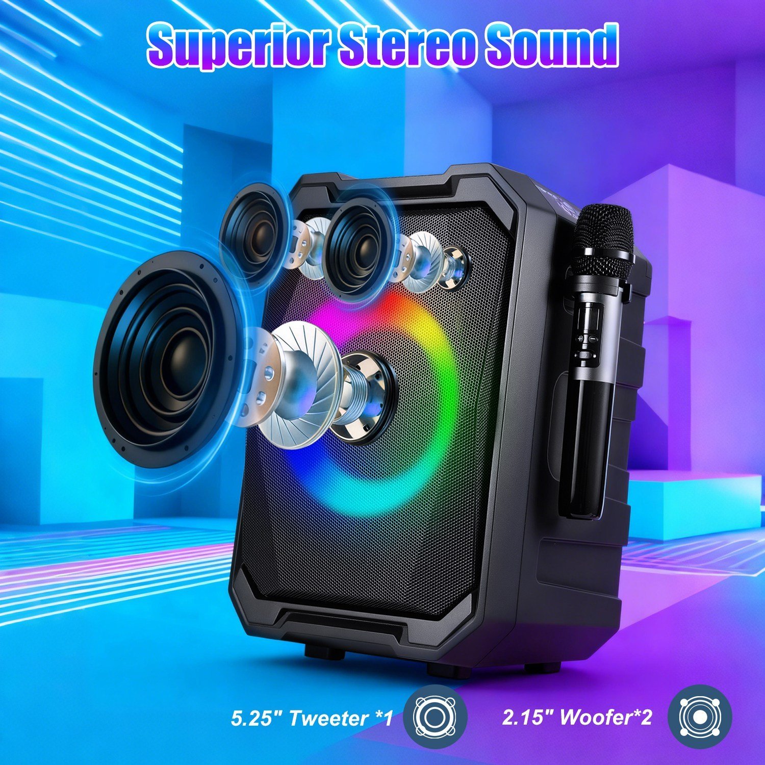 df4eb3d5-b4fd-4011-a95b-ddd1ac259902.jpg 1Pc Portable Wireless Party Speaker With LED Light 2 Wireless Mics Remote Control TWS Music Accompany Mic. Priority Bass Echo Mic Treble Guitar In - Image 1