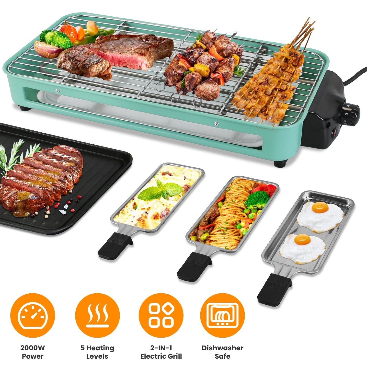 f48cd828-b9ab-4341-9a63-4608306470e1.jpg 1Pc 2000W Electric Indoor Grill For Food Preparation Family Gathering 2 In 1 Electric BBQ Gill With Grill Net Removable Plate 5 Temperature Control 3 Small Trays Dishwasher Safe - Image 1